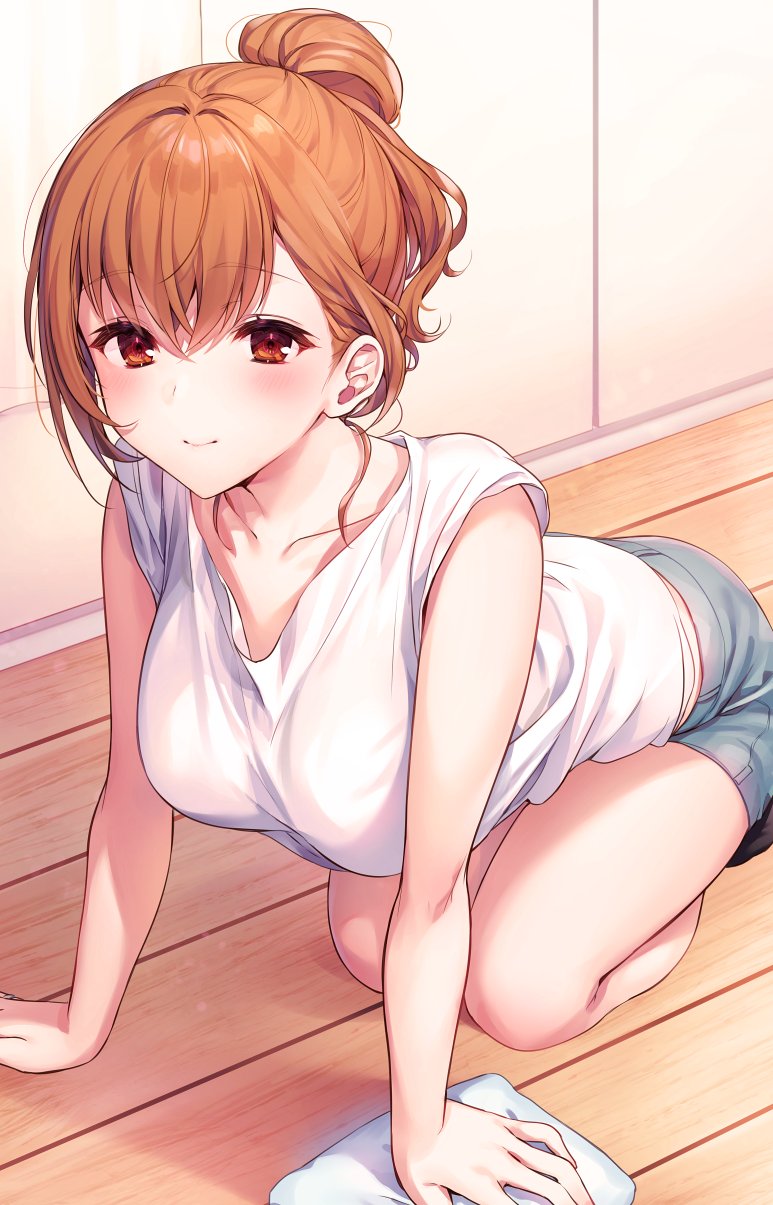 1girl all_fours bare_arms breasts collarbone commentary_request denim denim_shorts grey_shorts hair_bun highres kinjo_no_nanako-san komeshiro_kasu large_breasts long_hair looking_at_viewer nanako-san on_floor orange_hair red_eyes shirt short_shorts short_sleeves shorts smile solo thighs tied_hair white_shirt wooden_floor