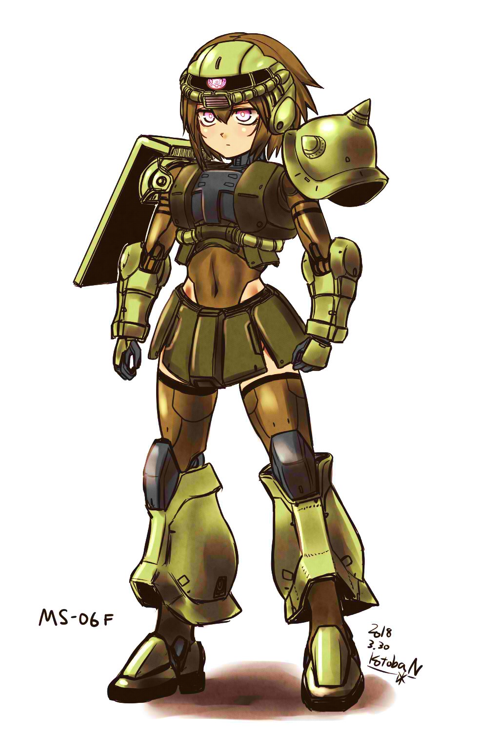 1girl armor boots brown_hair brown_legwear character_name closed_mouth covered_navel dated full_body gloves gundam helmet highres kotoba_noriaki leotard pauldrons personification pink_eyes shield short_hair signature simple_background skirt solo standing thigh-highs white_background zaku_ii