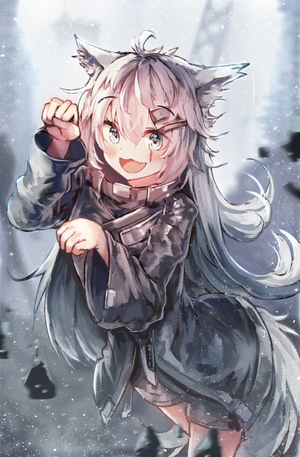 1girl animal_ears arknights bangs black_jacket english_commentary eyebrows_visible_through_hair greypidjun hair_between_eyes hair_ornament hairclip jacket lappland_(arknights) long_hair long_sleeves open_mouth scar scar_across_eye shorts silver_hair smile solo standing wolf_ears