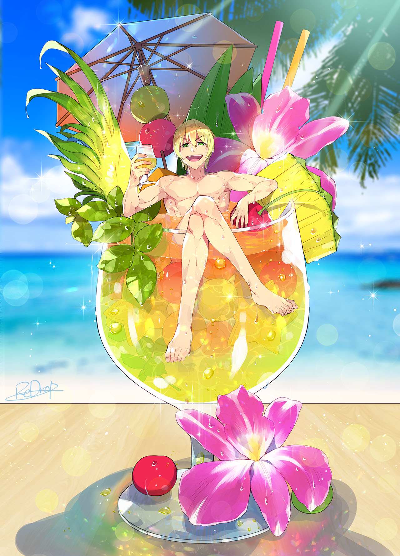 1boy arm_rest beach blonde_hair cherry cocktail_glass cocktail_umbrella crossed_legs cup drinking_glass fate/grand_order fate_(series) flower food fruit green_eyes highres jason_(fate/grand_order) looking_at_viewer male_focus ocean open_mouth redrop signature smile solo textless umbrella wet