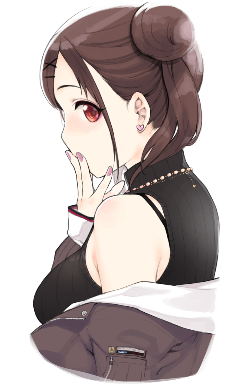 1girl bare_shoulders black_sweater blush breasts brown_hair brown_jacket cropped_torso double_bun earrings from_side hair_ornament hairclip hand_on_own_chest hand_up heart heart_earrings highres idolmaster idolmaster_shiny_colors jacket jewelry long_sleeves looking_at_viewer looking_to_the_side medium_breasts nail_polish necklace off_shoulder open_clothes open_jacket pink_nails profile short_hair short_twintails sideways_glance simple_background solo sonoda_chiyoko stud_earrings sunaba_suzume sweater twintails upper_body white_background x_hair_ornament