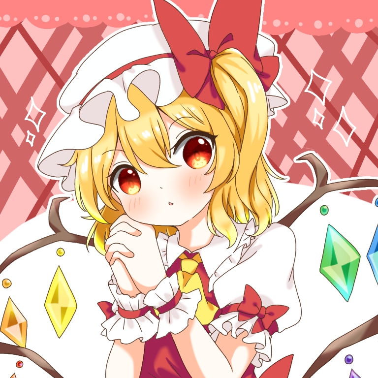 1girl :o blonde_hair blush checkered checkered_background commentary cravat eyebrows_visible_through_hair flandre_scarlet gloves hair_between_eyes hand_on_own_cheek hands_clasped hat hat_ribbon head_tilt interlocked_fingers lace_border looking_at_viewer mob_cap natsune_ilasuto one_side_up own_hands_together pink_background puffy_short_sleeves puffy_sleeves ribbon shirt short_hair short_sleeves solo sparkle touhou two-tone_background upper_body white_background white_gloves white_headwear white_shirt wings wrist_cuffs yellow_neckwear