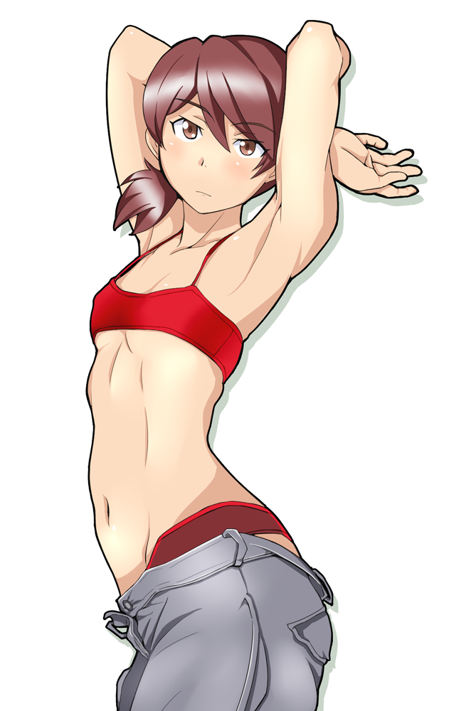 1girl armpits arms_behind_head arms_up bangs bikini bikini_under_clothes breasts brown_eyes brown_hair casual closed_mouth commentary cowboy_shot denim eyebrows_visible_through_hair from_side frown girls_und_panzer grey_pants jeans kawanishi_shinobu looking_at_viewer navel open_fly pants pants_pull red_bikini short_hair short_ponytail simple_background small_breasts solo standing swept_bangs swimsuit tanaka_rikimaru white_background