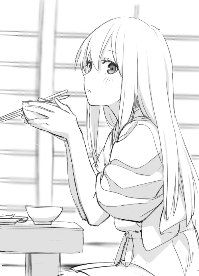1girl akagi_(kantai_collection) bowl chopsticks eating greyscale holding holding_bowl holding_chopsticks indoors kantai_collection kinosuke_(sositeimanoga) long_hair looking_at_viewer monochrome open_mouth sitting solo table