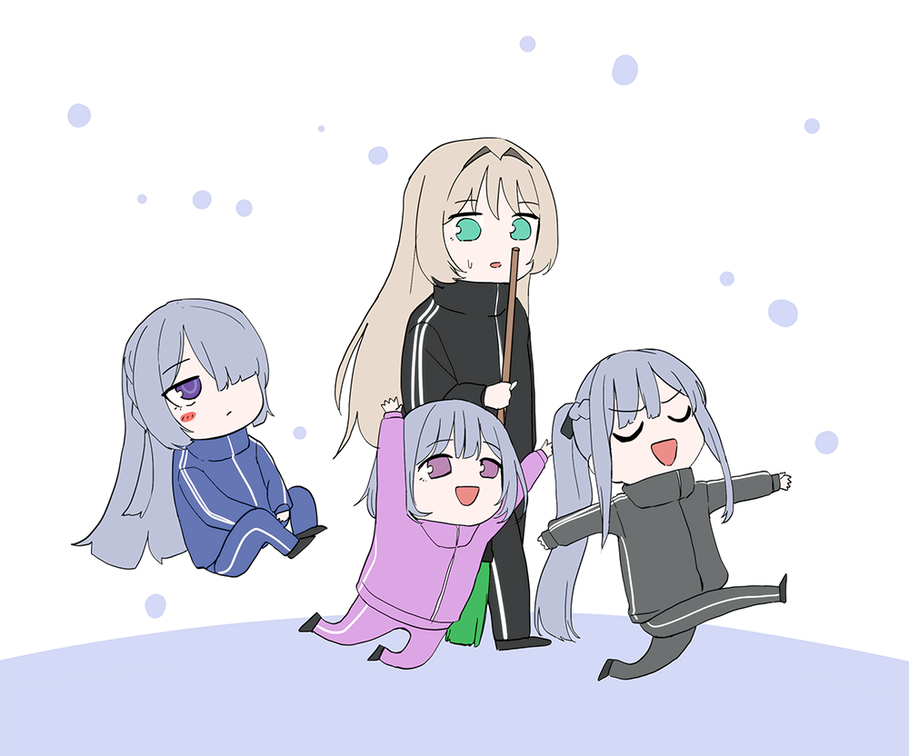 4girls :d ak-12_(girls_frontline) ak-15_(girls_frontline) an-94_(girls_frontline) aqua_eyes blonde_hair blush_stickers braid broom chibi closed_eyes girls_frontline hair_over_one_eye holding holding_broom jacket long_hair mmm_(ji1945) multiple_girls open_mouth ponytail rpk-16_(girls_frontline) short_hair smile sweatdrop violet_eyes