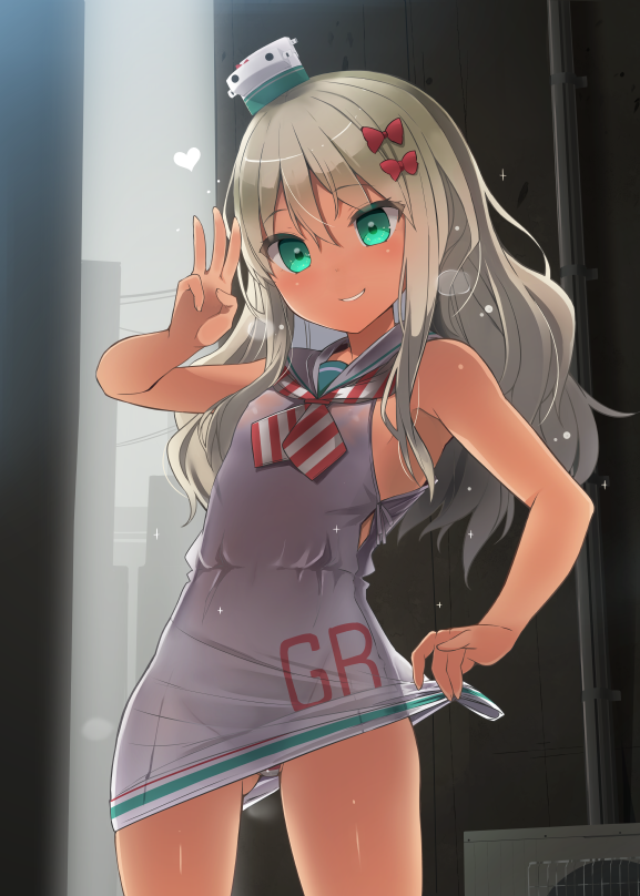1girl alley ass_visible_through_thighs bangs bare_shoulders blonde_hair blush bow breasts commentary_request dress dress_lift eyebrows_visible_through_hair grecale_(kantai_collection) green_eyes hair_between_eyes hair_bow hair_ornament heart kantai_collection long_hair looking_at_viewer middle_w panties ribbon sailor_collar sailor_dress shin_(new) side-tie_dress sleeveless sleeveless_dress small_breasts smile solo striped striped_panties tan thighs underwear white_dress white_ribbon white_sailor_collar