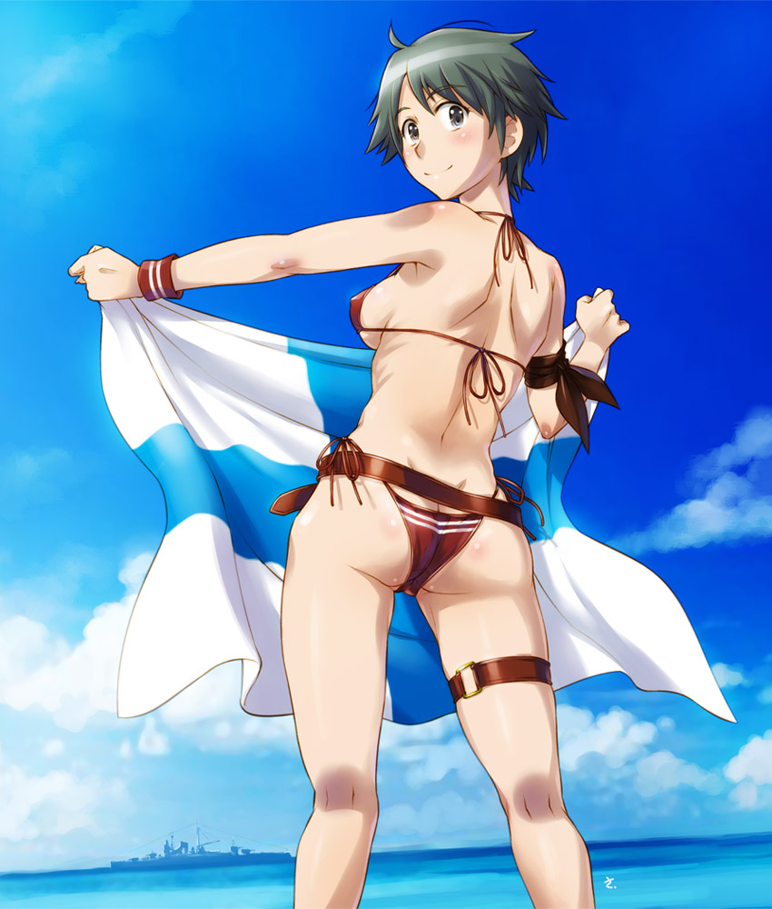 1girl ass bangs battleship belt bikini blue_sky breasts brown_belt butt_crack clouds commentary_request feet_out_of_frame flag from_behind green_eyes green_hair holding holding_flag kantai_collection looking_at_viewer medium_breasts military military_vehicle mogami_(kantai_collection) ocean red_bikini sameha_ikuya ship short_hair side-tie_bikini sideboob sky smile standing swept_bangs swimsuit thigh_strap warship watercraft wristband