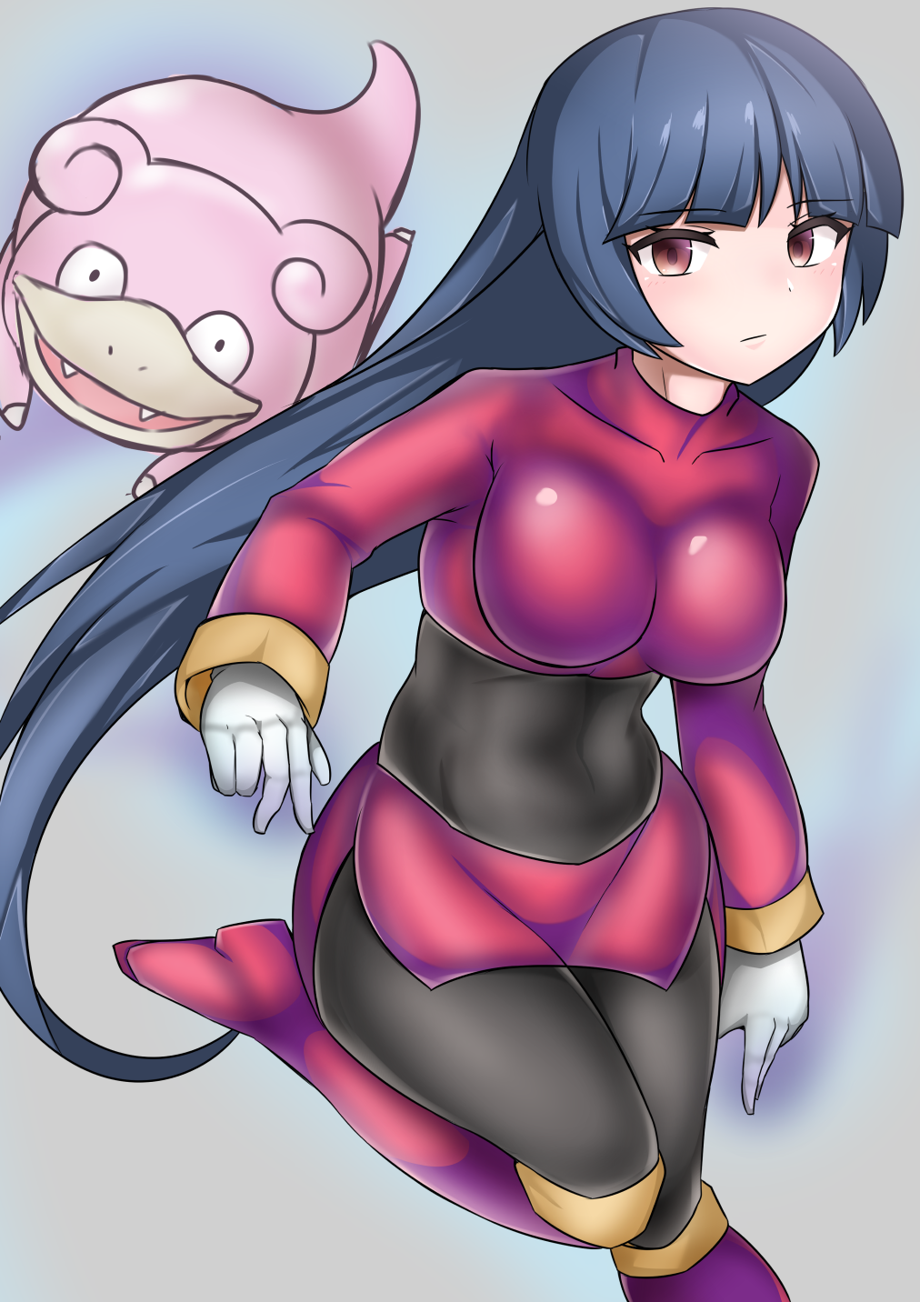 1girl black_hair bodysuit breasts brown_eyes closed_mouth gen_1_pokemon gloves gym_leader highres large_breasts long_hair looking_at_viewer natsume_(pokemon) pantyhose pokemon pokemon_(creature) pokemon_(game) pokemon_rgby simple_background skin_tight slowpoke solo sumida_kichi