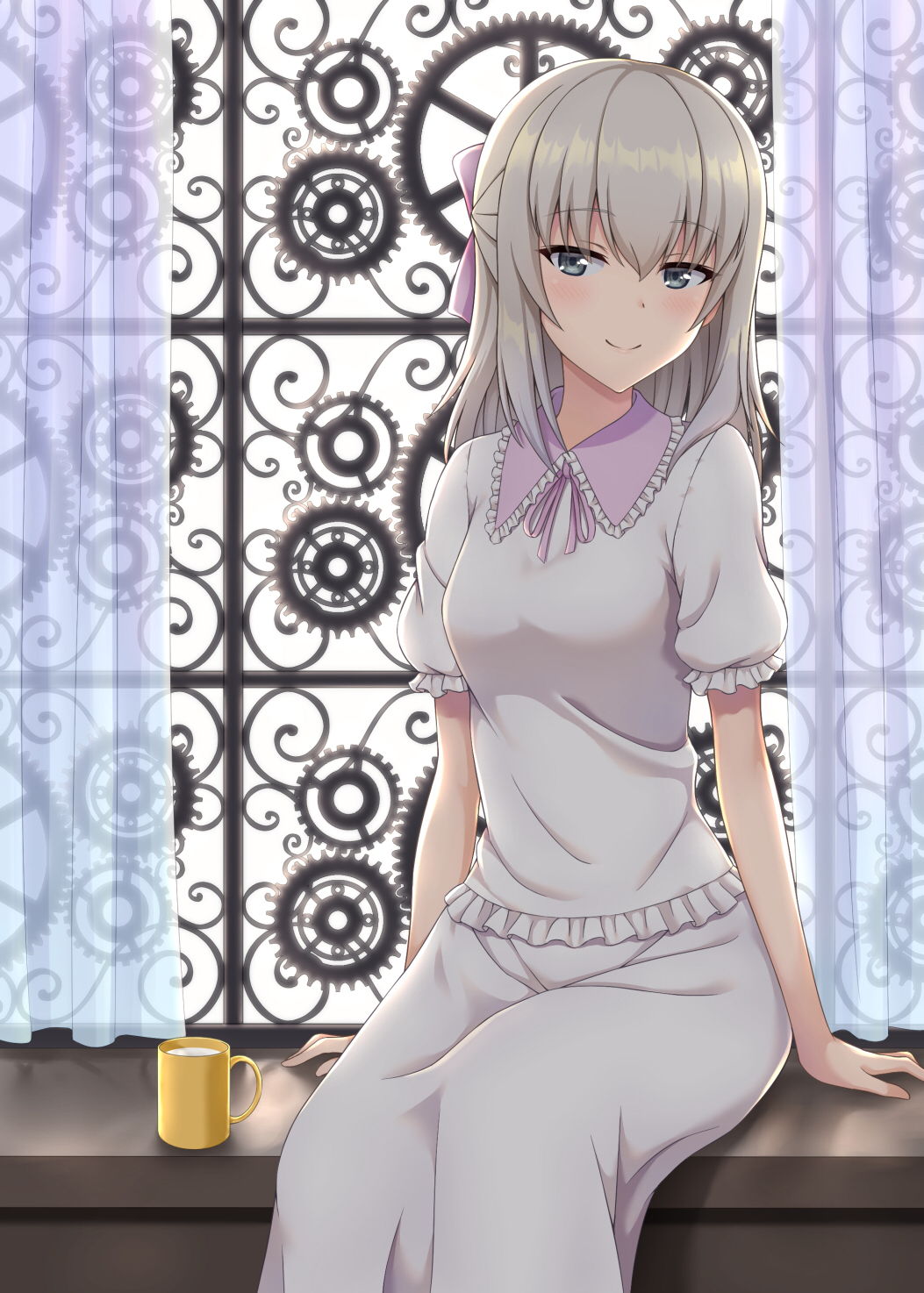 1girl backlighting bangs blue_eyes blush bow closed_mouth coffee_mug collared_dress commentary cup curtains darknessukaru dress eyebrows_visible_through_hair frilled_sleeves frills girls_und_panzer hair_bow half-closed_eyes head_tilt highres indoors itsumi_erika long_dress looking_at_viewer medium_hair mug nightgown purple_bow short_sleeves silver_hair sitting smile solo white_dress window