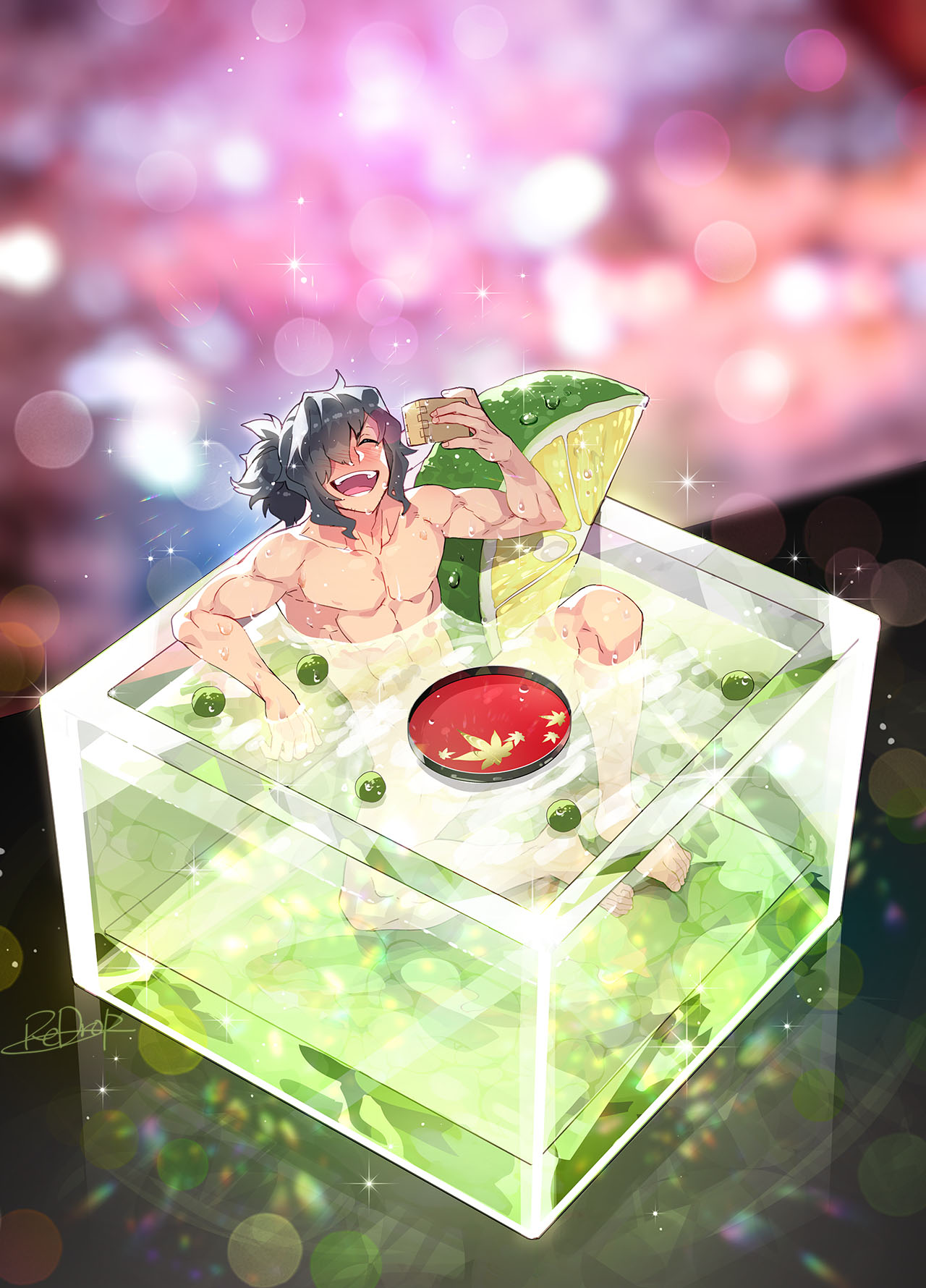 1boy black_hair blurry blush bokeh cocktail depth_of_field drunk fate/grand_order fate_(series) hair_over_one_eye highres koha-ace lime_slice male_focus masu nude okada_izou_(fate) open_mouth redrop sitting solo table textless wet