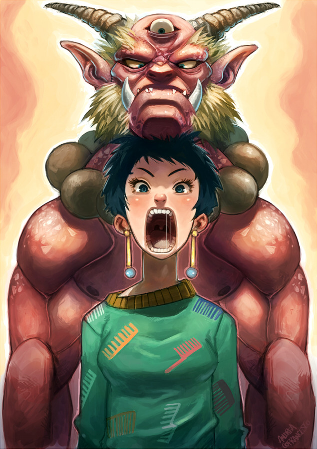 1girl andrea_cofrancesco blue_eyes blue_hair chin_on_head chin_rest earrings extra_eyes green_sweater horns jewelry looking_at_viewer monster open_mouth original print_sweater saliva signature sweater