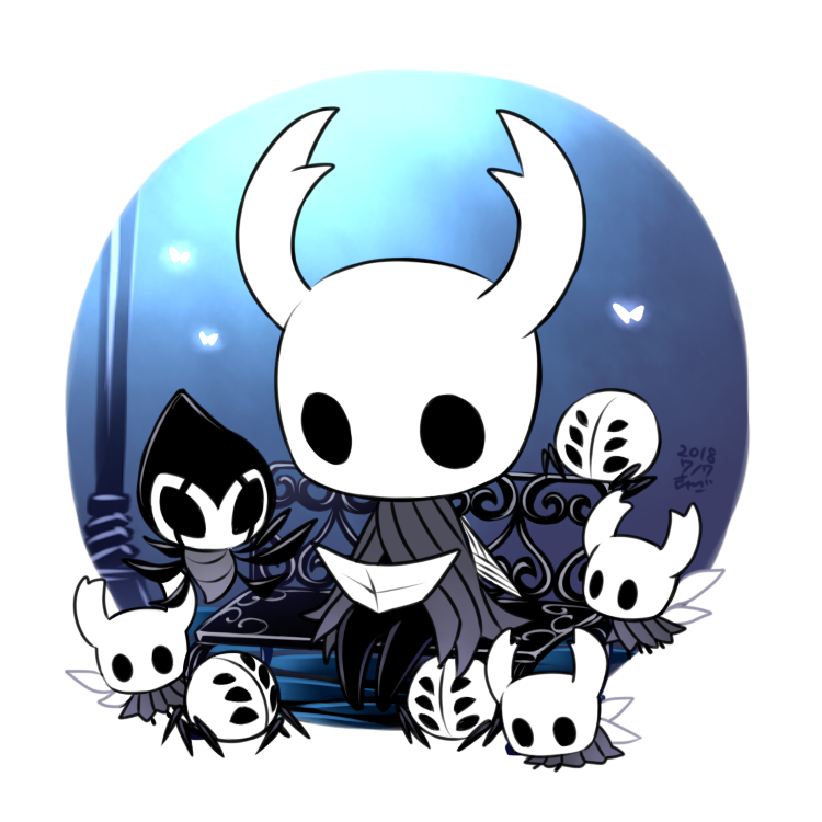 6+others bench bug cloak full_body glowing grey_cloak grimmchild holding holding_map hollow_eyes hollow_knight horns knight_(hollow_knight) lamppost looking_at_another map mask multiple_others nail night no_humans on_bench outdoors sango_(y1994318) simple_background sitting sitting_on_bench sword weapon white_background wings