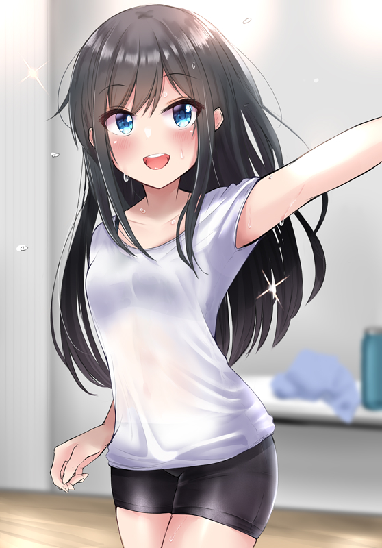 1girl :d alternate_costume asashio_(kantai_collection) bangs bike_shorts black_hair blue_eyes blurry blurry_background blush bottle breasts collarbone cowboy_shot depth_of_field eyebrows_visible_through_hair indoors kantai_collection long_hair looking_at_viewer open_mouth outstretched_arm sasakura_(calicchio) see-through shirt short_sleeves shorts small_breasts smile solo sparkle sweat table towel training water_bottle white_shirt