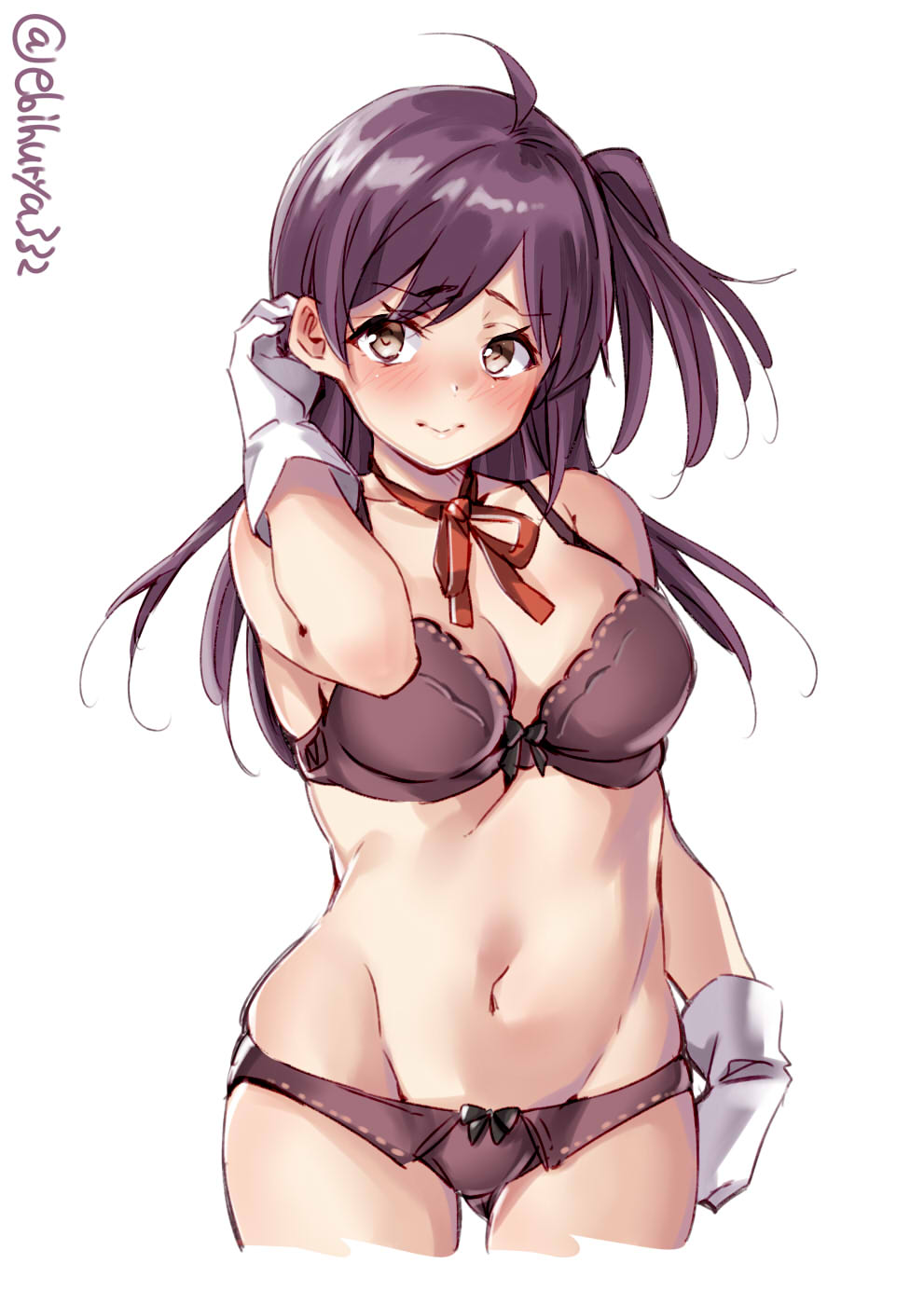 1girl ahoge arm_up ass_visible_through_thighs bangs bare_shoulders blush bow bow_bra bow_panties bra breasts brown_eyes closed_mouth collarbone cowboy_shot cropped_legs ebifurya eyebrows_visible_through_hair gloves groin hagikaze_(kantai_collection) hair_between_eyes highres kantai_collection large_breasts long_hair looking_at_viewer navel one_side_up panties purple_bra purple_hair purple_panties red_neckwear red_ribbon ribbon simple_background skindentation solo standing twitter_username underwear underwear_only white_background white_gloves