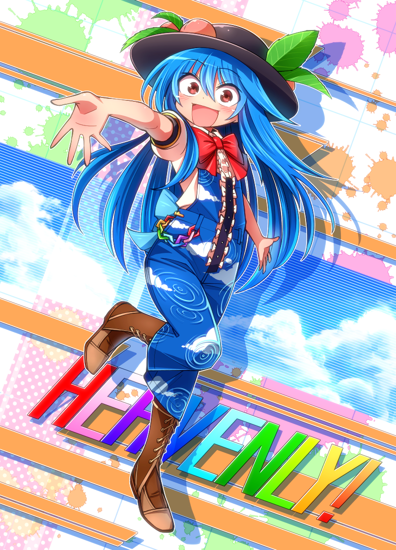 1girl :d adapted_costume black_headwear blue_hair blush boots bow bowtie brown_footwear chain clouds cloudy_sky cross-laced_footwear english_text eyebrows_visible_through_hair food food_hair_ornament fruit hair_between_eyes hair_ornament hat hinanawi_tenshi lace-up_boots leaf_hair_ornament long_hair looking_at_viewer open_mouth outstretched_arm overalls peach rainbow_text red_eyes red_neckwear shadow shimizu_pem shirt short_sleeves sky sky_print smile solo splatter standing standing_on_one_leg touhou white_shirt