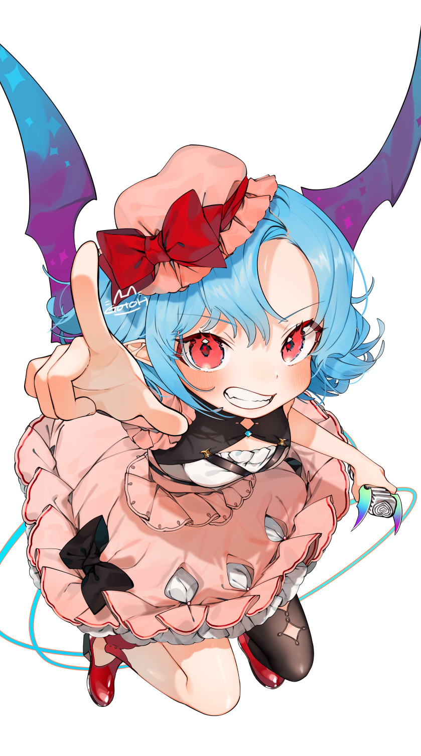 1girl artist_name bangs bat_wings black_bow black_legwear blue_hair blush bow clenched_teeth commentary_request dress eyebrows_visible_through_hair gotoh510 hat hat_bow highres holding looking_at_viewer mob_cap pink_dress pink_headwear pointing red_bow red_eyes red_footwear remilia_scarlet shoes short_hair short_sleeves signature simple_background solo teeth touhou white_background wings