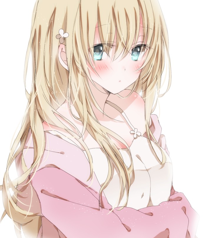 1girl blonde_hair blue_eyes blush camisole eyebrows_visible_through_hair hair_ornament hiro_(hirohiro31) long_hair looking_at_viewer original solo upper_body white_background