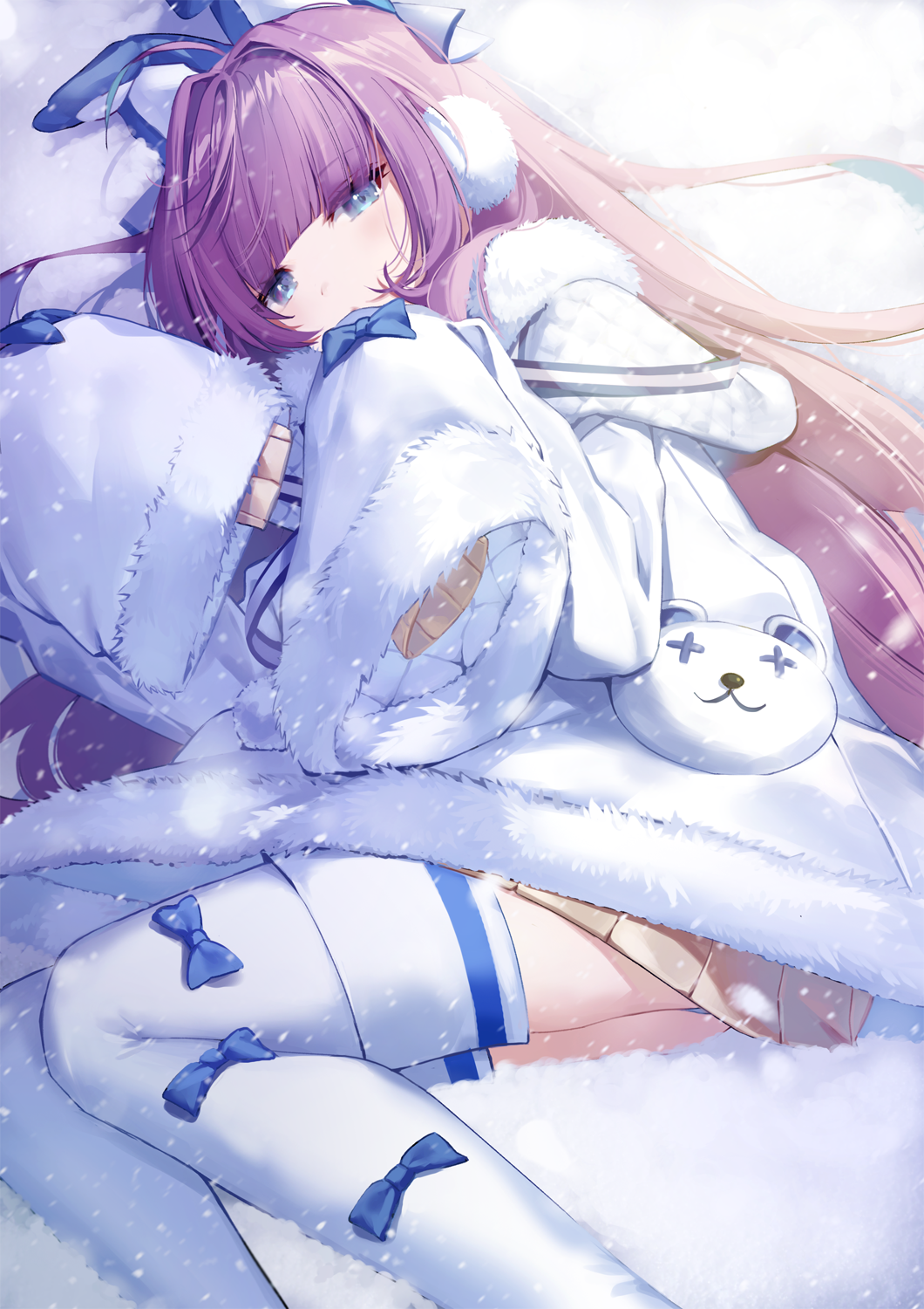 1girl animal_ears azur_lane bangs blue_eyes blunt_bangs capelet cat_ears coat commentary earmuffs eyebrows_visible_through_hair fake_animal_ears fur-trimmed_capelet fur-trimmed_coat fur-trimmed_sleeves fur_trim highres long_hair looking_at_viewer lying norukinoko_(reee52) on_side overcoat purple_hair sidelocks sleeves_past_fingers sleeves_past_wrists snow snowing solo sweater tashkent_(azur_lane) thigh-highs very_long_hair very_long_sleeves white_capelet white_coat white_legwear