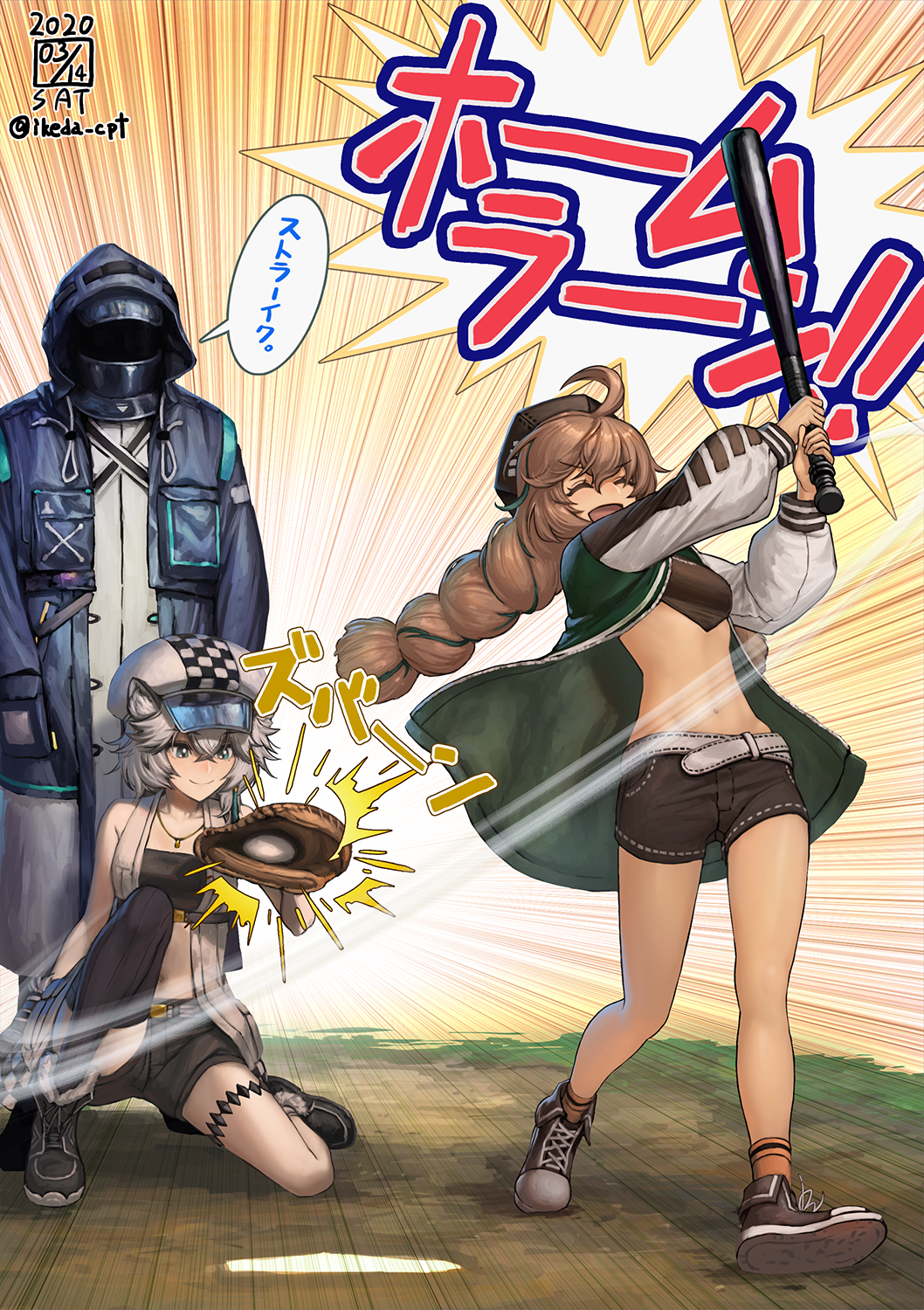 1boy 2girls ^_^ ahoge animal_ears arknights bare_legs bare_shoulders baseball baseball_bat baseball_mitt belt black_shirt black_shorts braid breasts brown_hair cabbie_hat cliffheart_(arknights) closed_eyes commentary_request crop_top cuora_(arknights) doctor_(arknights) emphasis_lines green_jacket hat helmet highres hood hooded_jacket ikeda_(cpt) jacket jewelry midriff multicolored_hair multiple_girls navel necklace one_knee open_clothes open_jacket open_mouth raglan_sleeves shirt shoes short_hair short_shorts shorts silver_hair single_braid single_thighhigh sleeveless small_breasts smile sneakers socks speech_bubble standing stomach streaked_hair thigh-highs thigh_strap thighs