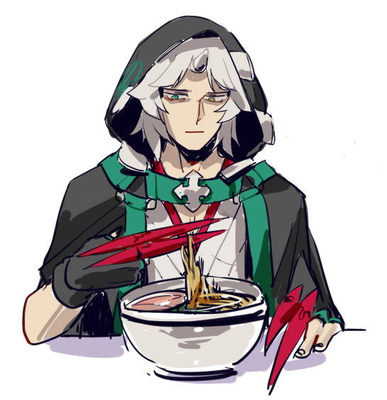 1boy black_gloves bowl claw_(weapon) closed_mouth fingerless_gloves fingernails food gloves green_eyes grey_hair guilty_gear guilty_gear_xrd heterochromia hood hood_up noodles ramen raven_(guilty_gear) simple_background solo table uncle_rabbit_ii weapon white_background yellow_eyes