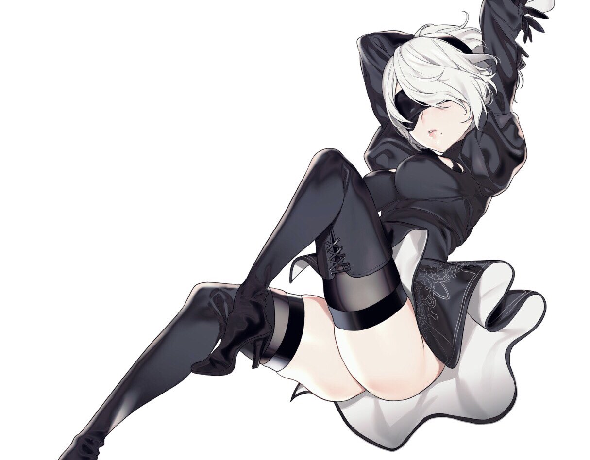 1girl amanekuu arms_up black_blindfold black_gloves black_hairband black_legwear blindfold boots covered_nipples feather-trimmed_sleeves feather_trim gloves hairband high_heels knee_boots mole mole_under_mouth nier_(series) nier_automata parted_lips puffy_sleeves simple_background solo thigh-highs white_background white_hair yorha_no._2_type_b