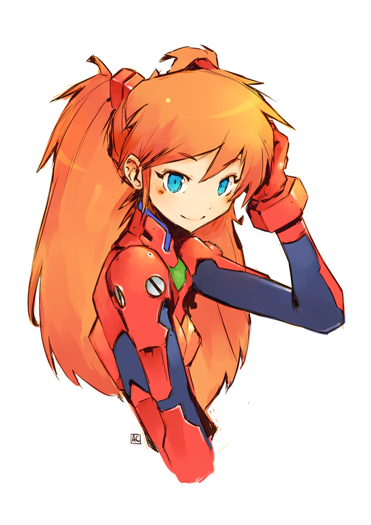 1 1girl andrea_cofrancesco blue_eyes blush bodysuit breasts closed_mouth eyebrows_visible_through_hair hand_up long_hair looking_at_viewer neon_genesis_evangelion orange_hair pilot_suit plugsuit red_bodysuit signature simple_background small_breasts smile solo souryuu_asuka_langley twintails upper_body white_background