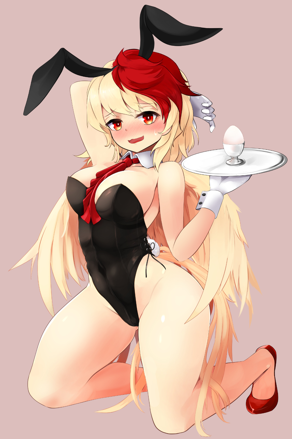 1girl animal_ears bare_legs bare_shoulders between_breasts bird_wings black_leotard blonde_hair blush breasts bunny_tail bunnysuit detached_collar egg fake_animal_ears full_body gloves highres holding kneeling large_breasts leotard looking_at_viewer multicolored_hair nama_shirasu niwatari_kutaka nose_blush rabbit_ears red_eyes red_footwear red_neckwear redhead shoes simple_background smile solo sweat tail touhou tray two-tone_hair white_gloves wings wrist_cuffs