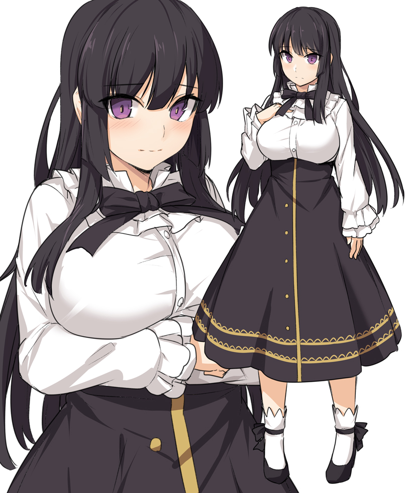 1girl bangs black_footwear black_ribbon black_skirt blush breasts commentary_request copyright_request eyebrows_visible_through_hair full_body large_breasts long_hair long_skirt looking_at_viewer multiple_views ribbon shirt shiseki_hirame shoes simple_background skirt violet_eyes white_background white_shirt