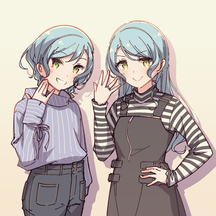 &gt;:) 2girls aqua_hair ayasaka bang_dream! black_dress blue_shirt denim dress drop_shadow green_eyes grin hand_on_hip hand_up hikawa_hina hikawa_sayo jeans jewelry kudou_haruka_(seiyuu) long_hair long_sleeves looking_at_viewer multiple_girls ozawa_ari pants photo-referenced pinafore_dress ring seiyuu_connection shirt short_hair siblings side_braids sisters smile striped striped_shirt symbol_commentary tan_background twins vertical-striped_shirt vertical_stripes