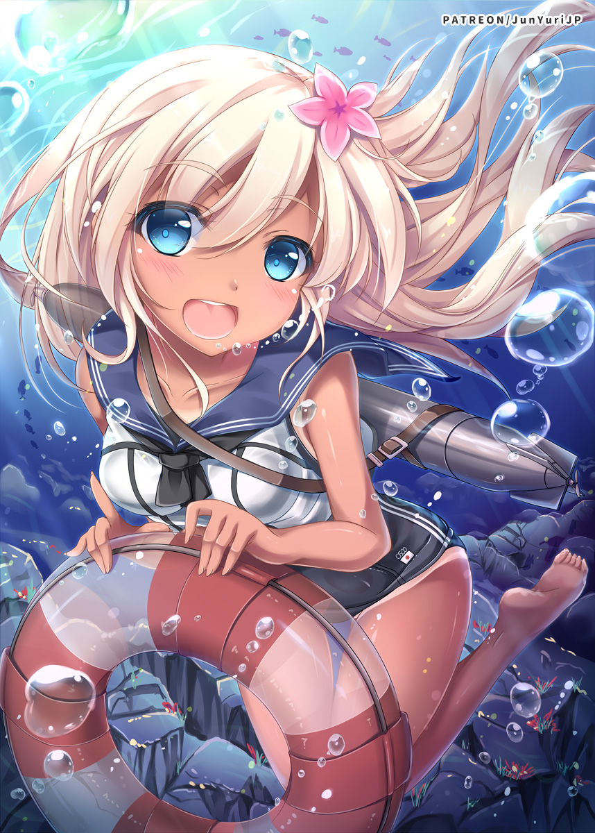 1girl blonde_hair blue_eyes bubble crop_top flower hair_flower hair_ornament highres kantai_collection lifebuoy long_hair nontraditional_school_swimsuit one-piece_swimsuit one-piece_tan ro-500_(kantai_collection) sailor_collar school_swimsuit school_uniform serafuku swimsuit swimsuit_under_clothes tan tanline torpedo underwater yuriko