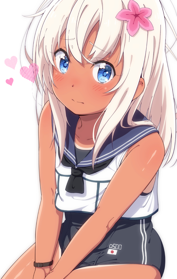 1girl blush bracelet commentary crop_top eyebrows_visible_through_hair flower hair_flower hair_ornament heart jabittoson jewelry kantai_collection long_hair looking_at_viewer nontraditional_school_swimsuit one-piece_swimsuit one-piece_tan ro-500_(kantai_collection) sailor_collar school_swimsuit school_uniform serafuku simple_background sitting solo swimsuit swimsuit_under_clothes tan tanline white_background white_hair