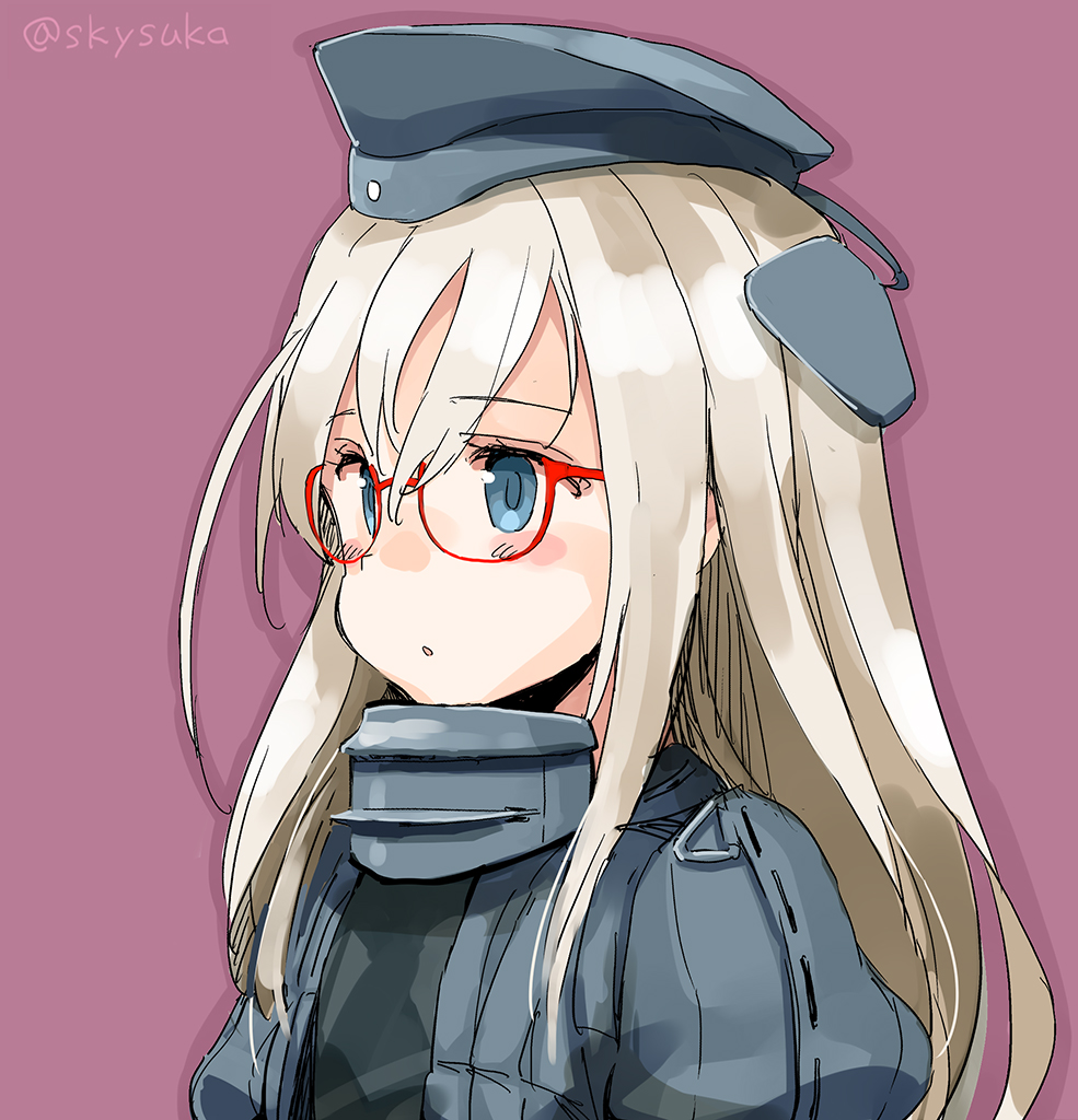 1girl bespectacled blonde_hair blue_eyes blush garrison_cap glasses hat kantai_collection long_hair looking_away parted_lips purple_background red-framed_eyewear solo suka twitter_username u-511_(kantai_collection) upper_body