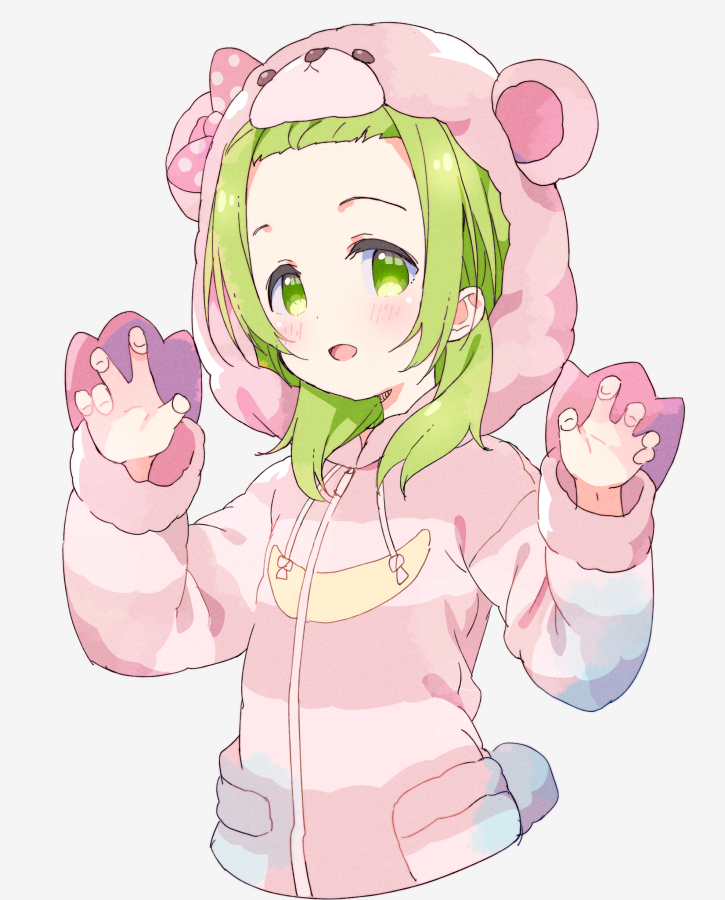 1girl :d animal_ears bear_ears bear_hood blush bow claw_pose commentary_request cropped_torso fake_animal_ears forehead green_eyes green_hair grey_background hands_up hood hood_up hooded_jacket jacket long_hair long_sleeves meito_(maze) morinaka_kazaki nijisanji open_mouth pink_bow pink_jacket polka_dot polka_dot_bow simple_background smile solo striped_jacket upper_body virtual_youtuber