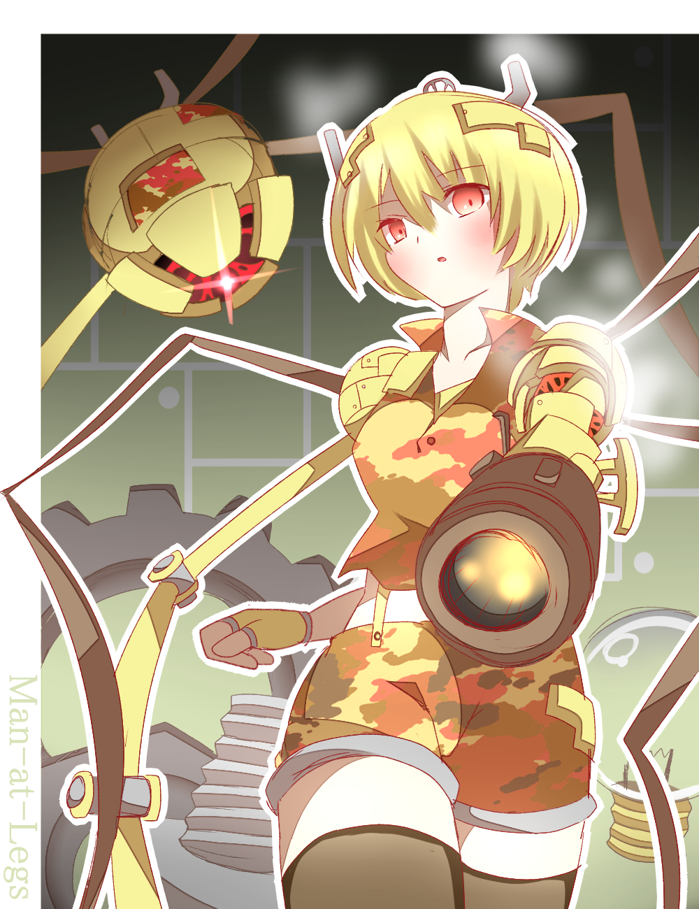 arm_cannon blonde_hair blush bug camouflage cybernetic_parts cyborg english_text gears gloves highres light_bulb looking_at_viewer man-at-legs non_(wednesday-classic) personification pikmin_(series) pikmin_2 red_eyes robot screw short_hair single_glove smoke spider weapon