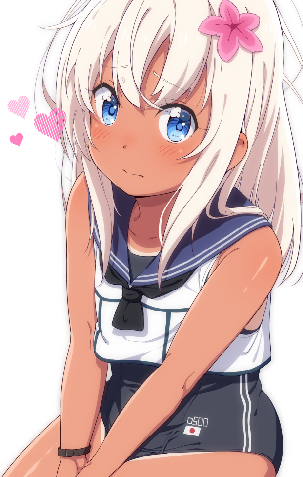 1girl blush bracelet commentary crop_top eyebrows_visible_through_hair flower hair_flower hair_ornament heart jabittoson jewelry kantai_collection long_hair looking_at_viewer nontraditional_school_swimsuit one-piece_swimsuit one-piece_tan ro-500_(kantai_collection) sailor_collar school_swimsuit school_uniform serafuku simple_background sitting solo swimsuit swimsuit_under_clothes tan tanline white_background white_hair