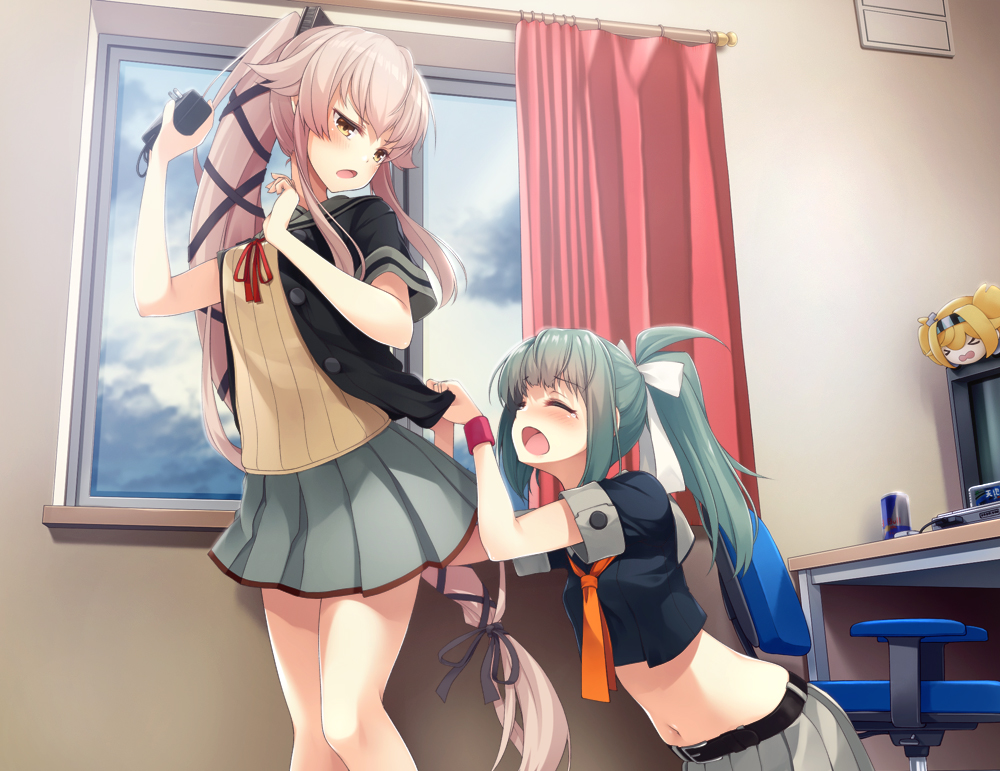 2girls ac_adapter black_gloves black_jacket black_shirt blue_sky can chair character_doll closed_eyes clouds commentary_request curtains energy_drink gambier_bay_(kantai_collection) game_console gloves green_hair grey_sailor_collar grey_skirt hair_ribbon indoors jacket kantai_collection long_hair midriff mofu_namako multiple_girls neck_ribbon neckerchief open_mouth orange_neckwear pink_hair pleated_skirt ponytail red_bull red_ribbon remodel_(kantai_collection) ribbon sailor_collar school_uniform serafuku shirt short_sleeves skirt sky super_famicom television very_long_hair white_ribbon window yura_(kantai_collection) yuubari_(kantai_collection)