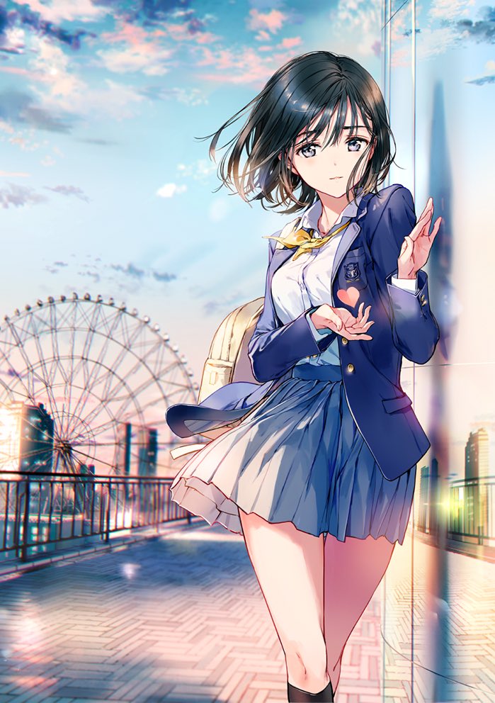 1girl backpack bag black_legwear blue_jacket blue_skirt buttons city closed_mouth clouds hair_between_eyes jacket leaning leaning_to_the_side long_skirt long_sleeves original outdoors pleated_skirt reflection school_uniform shirt short_hair skirt sky solo tiv violet_eyes white_shirt