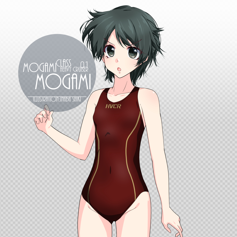 1girl artist_name black_hair brown_eyes brown_swimsuit character_name commentary_request competition_swimsuit cowboy_shot flat_chest gradient gradient_background grey_background groin inaba_shiki kantai_collection looking_at_viewer mogami_(kantai_collection) one-piece_swimsuit polka_dot polka_dot_background short_hair solo swimsuit
