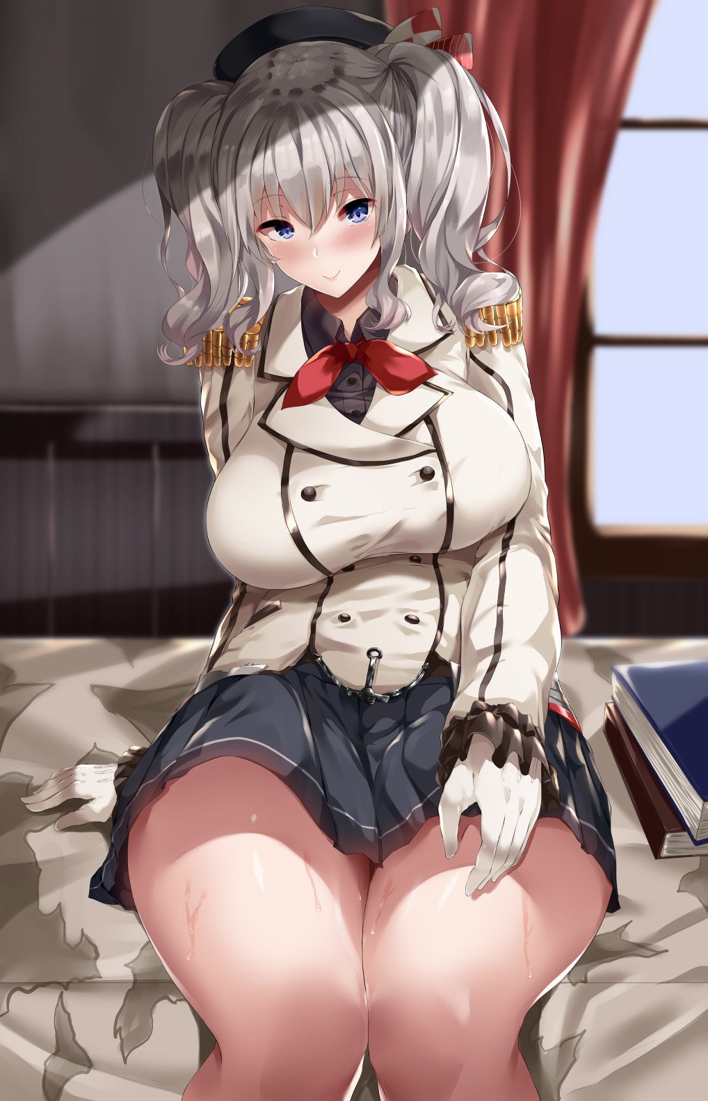 1girl anchor_symbol beret blue_eyes book breasts frilled_sleeves frills gloves hair_ribbon hat highres indoors jacket kantai_collection kashima_(kantai_collection) large_breasts miniskirt neckerchief on_bed poko_chin ribbon silver_hair skirt two_side_up white_gloves