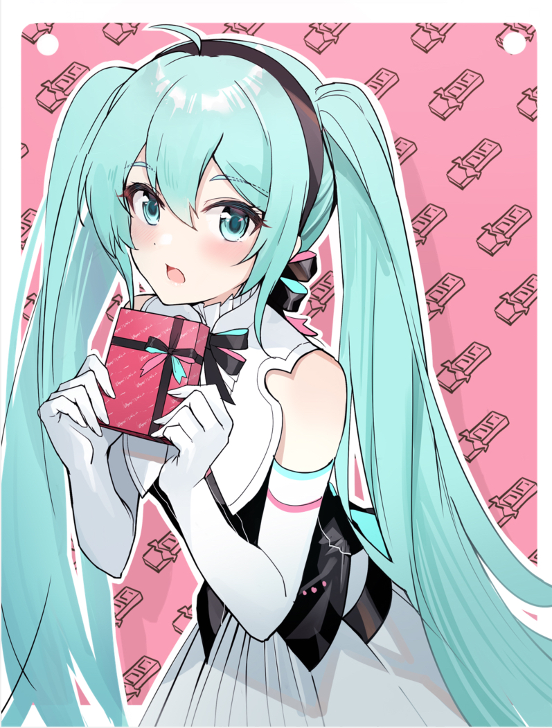 1girl :o ahoge alternate_costume aqua_eyes aqua_hair bangs bare_shoulders black_neckwear black_ribbon blush border corset cowboy_shot elbow_gloves eyebrows_visible_through_hair gift gloves grey_skirt hatsune_miku hokuotzu holding holding_gift long_hair looking_at_viewer neck_ribbon open_mouth outline outside_border patterned_background pink_background ribbon sidelocks skirt solo twintails very_long_hair vocaloid white_border white_gloves white_outline