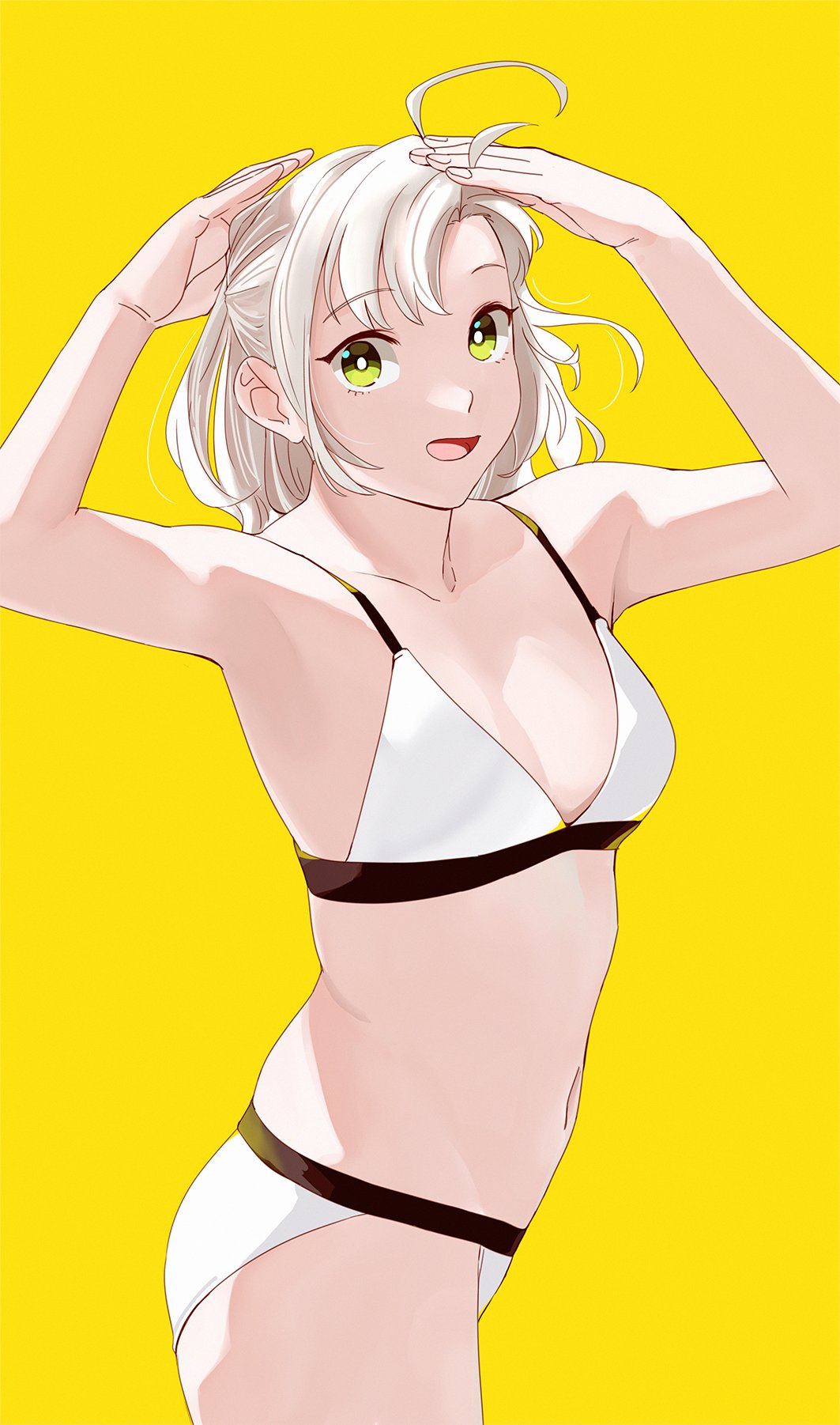 1girl arms_up bikini breasts cowboy_shot green_eyes grey_hair hair_tie highres kantai_collection kinugasa_(kantai_collection) looking_at_viewer ojipon one_side_up remodel_(kantai_collection) shading_eyes short_hair simple_background small_breasts solo standing swimsuit white_bikini yellow_background