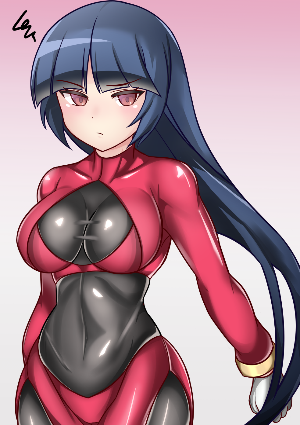 1girl black_hair bodysuit breasts brown_eyes closed_mouth gen_1_pokemon gloves gym_leader highres large_breasts long_hair looking_at_viewer natsume_(pokemon) pantyhose pokemon pokemon_(game) pokemon_rgby simple_background skin_tight solo sumida_kichi