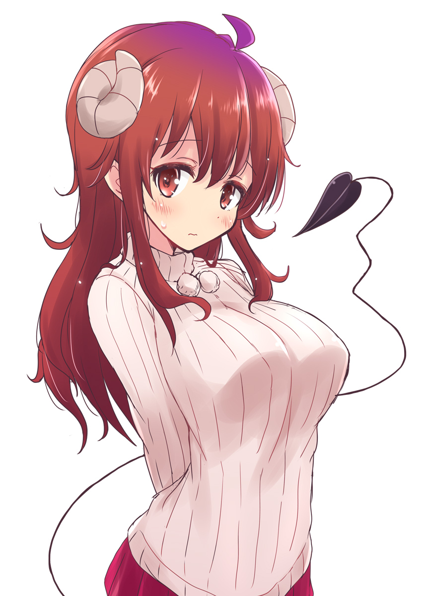 1girl ahoge arms_behind_back blush breasts curled_horns demon_girl demon_horns demon_tail eyebrows_visible_through_hair hair_between_eyes highres horns large_breasts long_hair long_sleeves looking_at_viewer machikado_mazoku mel_(melty_pot) pom_pom_(clothes) red_eyes red_skirt redhead ribbed_sweater simple_background skirt solo standing sweater tail turtleneck turtleneck_sweater white_background yoshida_yuuko_(machikado_mazoku)