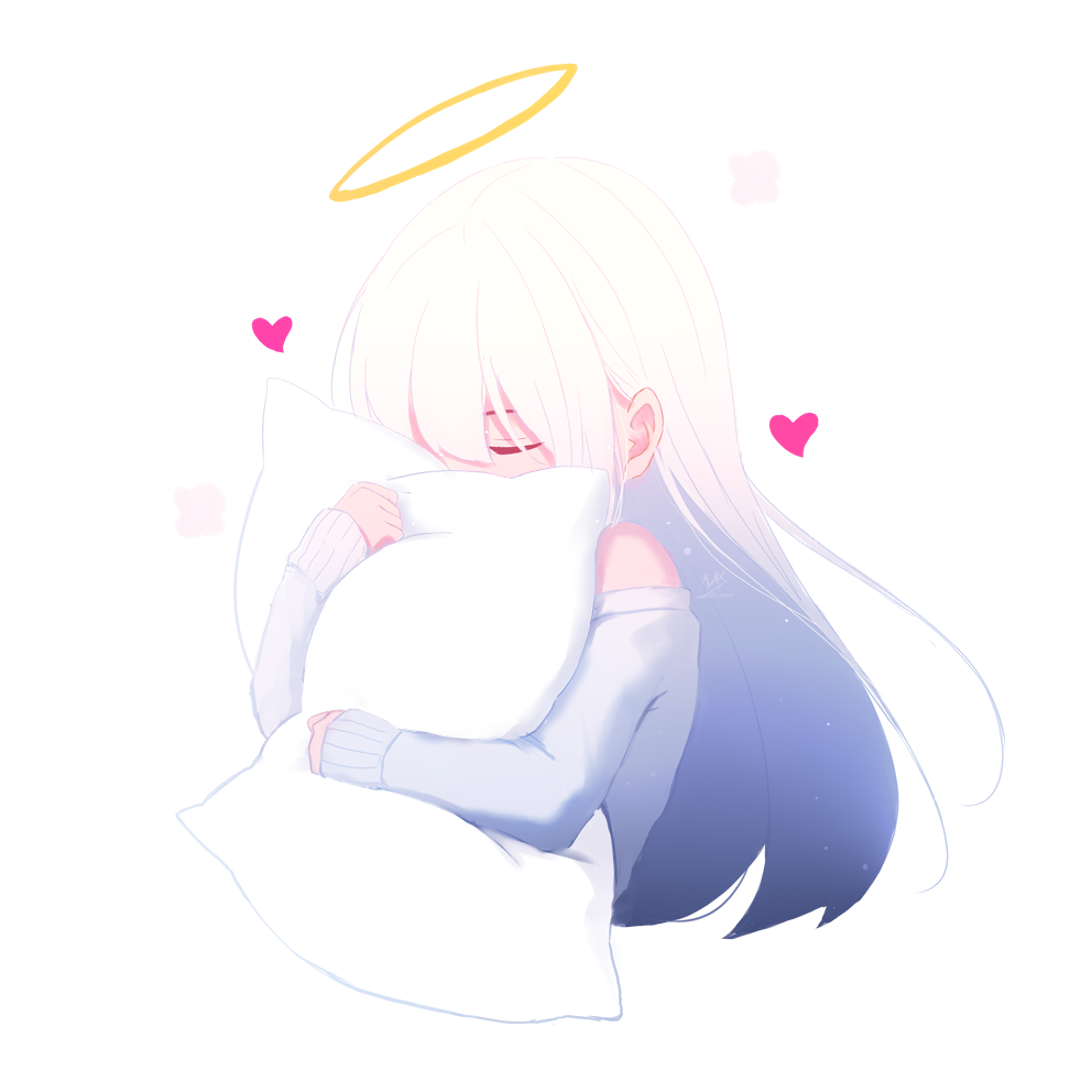 1girl bangs closed_eyes cropped_torso eyebrows_behind_hair hair_over_one_eye halo heart long_hair long_sleeves off-shoulder_sweater off_shoulder original pillow pillow_hug shimmer sleeves_past_wrists solo sweater upper_body very_long_hair white_background white_hair white_sweater