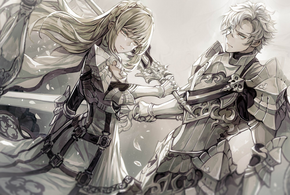 1boy 1girl armor blonde_hair breastplate cape closed_mouth dress gauntlets holding holding_sword holding_weapon original pauldrons petals senano-yu sword weapon white_cape white_dress white_eyes white_hair yellow_eyes