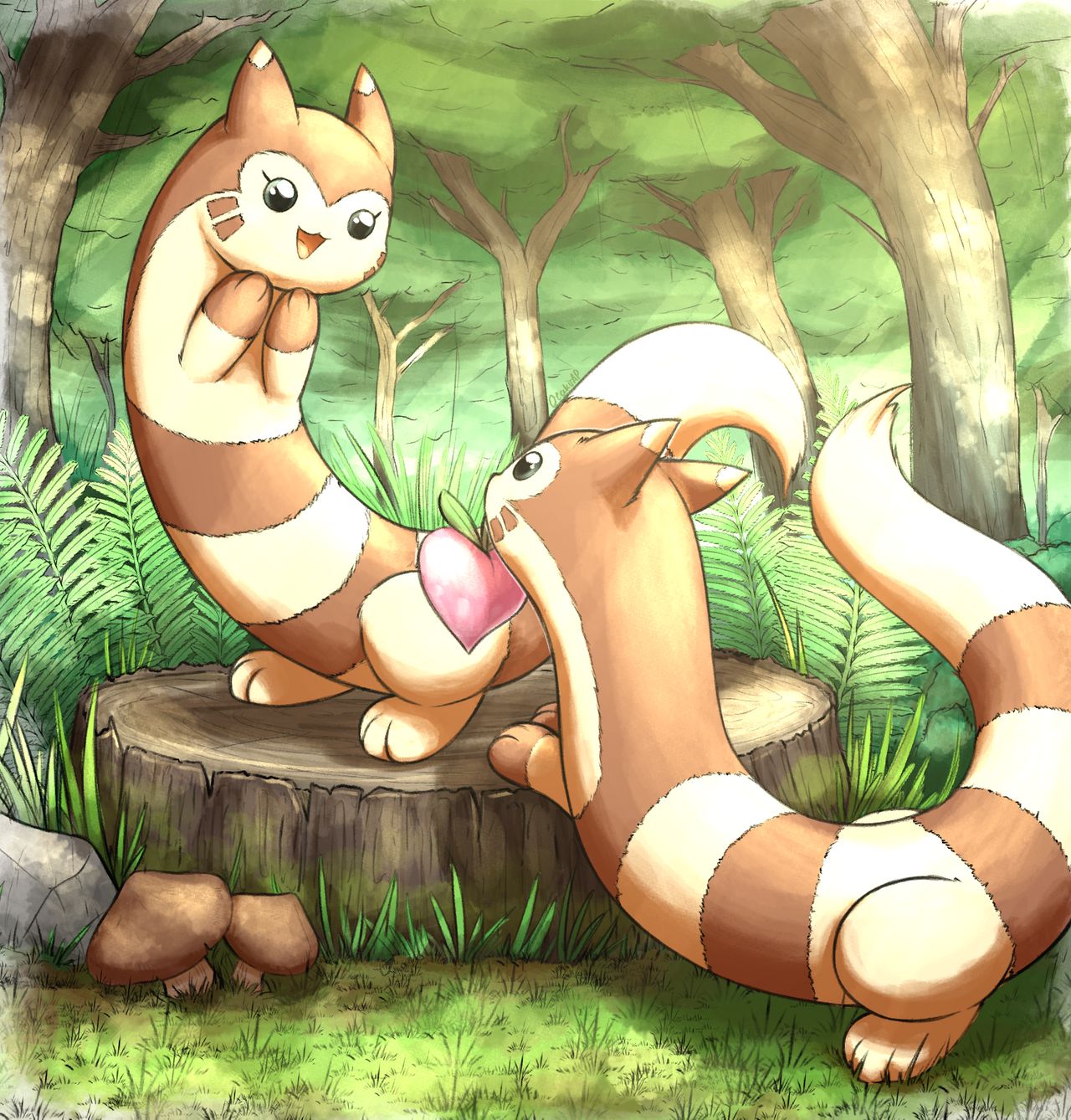:d black_eyes commentary day english_commentary eye_contact food forest fruit furret gen_2_pokemon gift grass happy highres looking_at_another mouth_hold mushroom nature open_mouth otakuap outdoors peach pecha_berry plant pokemon rock smile tree