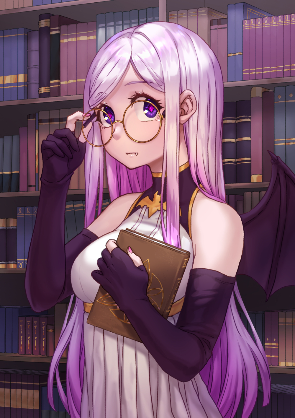 1girl adjusting_eyewear aesice bare_shoulders bat_wings black_gloves blue_eyes book bookshelf diamond-shaped_pupils dress elbow_gloves eyebrows_visible_through_hair fang fang_out glasses gloves highres holding holding_book lavender_hair library long_hair looking_at_viewer nail_polish original partly_fingerless_gloves pink_nails pleated_dress purple_pupils round_eyewear sidelocks solo symbol-shaped_pupils very_long_hair white_dress wings