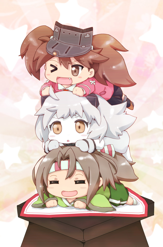 &gt;_o 3girls :d :o ;d =_= ahoge bangs blush_stickers brown_eyes brown_hair brown_skirt chibi commentary_request dress eyebrows_visible_through_hair fang full_body green_kimono hachimaki hair_between_eyes hair_tie hakama_pants headband high_ponytail hishimochi horns human_tower japanese_clothes kantai_collection kariginu kimono light_brown_hair long_hair long_sleeves looking_to_the_side lying magatama mittens multiple_girls northern_ocean_hime on_stomach one_eye_closed open_mouth pale_skin pink_background ponytail ryuujou_(kantai_collection) sidelocks skirt sleeveless sleeveless_dress smile stacking star starry_background twintails visor_cap white_dress white_hair white_legwear white_skin wide_sleeves zipang_(zip@ng_works) zuihou_(kantai_collection) |d