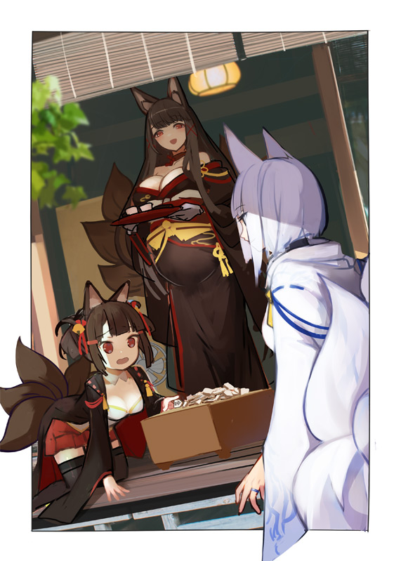 3girls akagi-chan_(azur_lane) akagi_(azur_lane) animal_ears azur_lane black_hair black_kimono breasts choker dutch_angle fox_ears holding holding_tray japanese_clothes kaga_(azur_lane) kimono large_breasts long_hair looking_at_another multiple_girls multiple_tails open_mouth outdoors pregnant pupps red_choker red_eyes short_hair sidelocks small_breasts standing tail tied_hair tray very_long_hair white_hair white_kimono younger