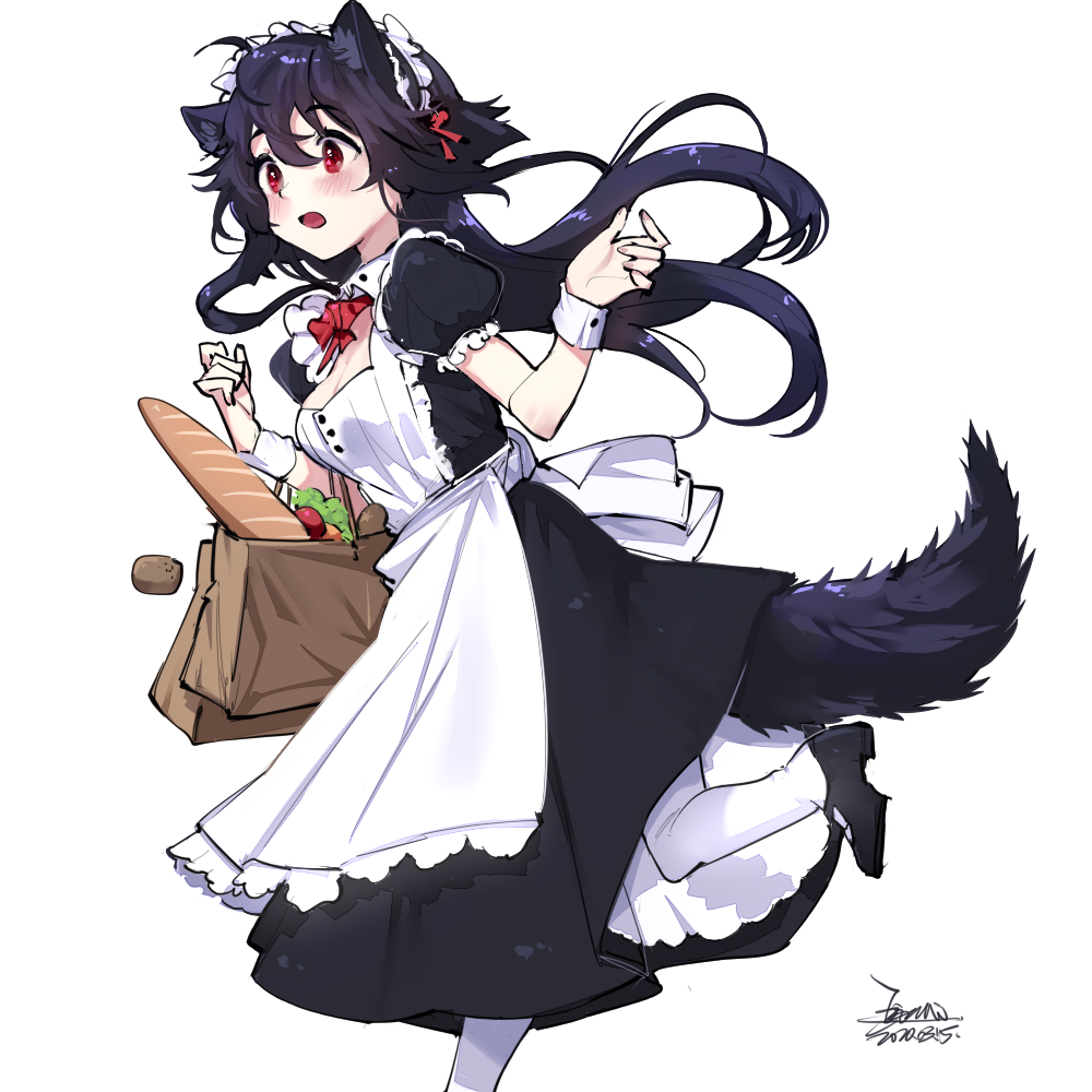 1girl animal_ears apron bag baguette black_hair bread breasts commentary_request dress ejami ekko_(ejami) food fox_ears fox_girl fox_tail frilled_sleeves frills groceries grocery_bag long_hair maid maid_dress maid_headdress open_mouth original red_eyes running shopping_bag short_sleeves tail